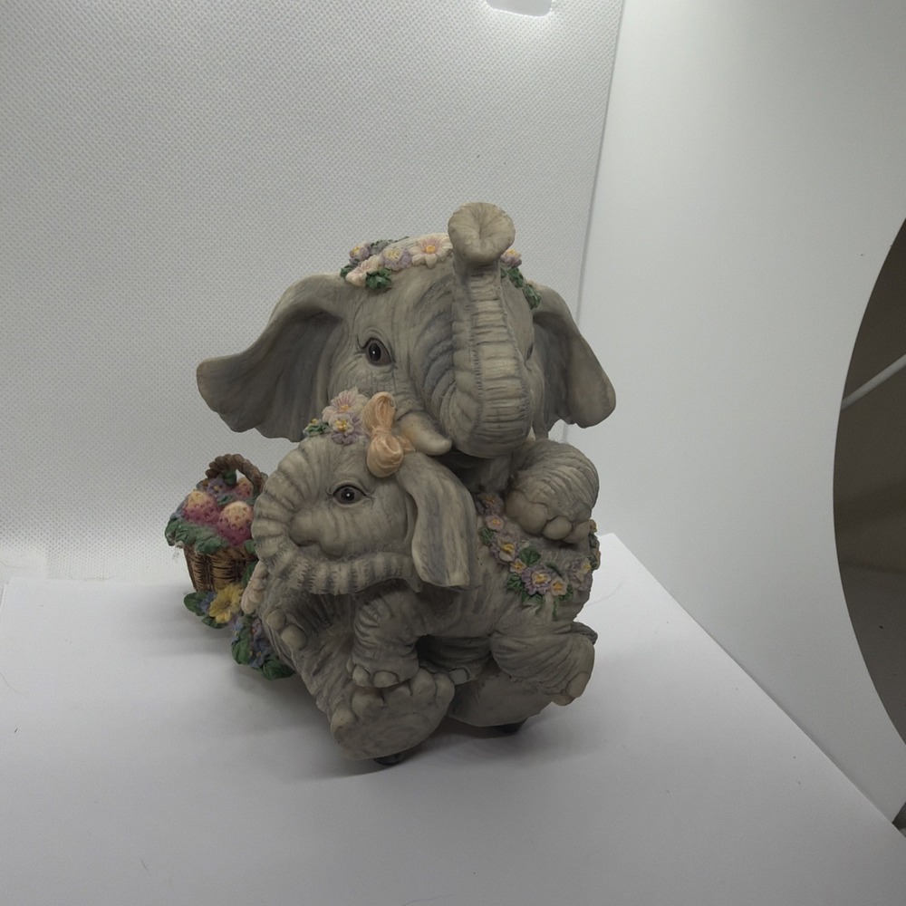 Elephant Mother and Baby Music Box Plays Getting To Know You Floral Figurine
